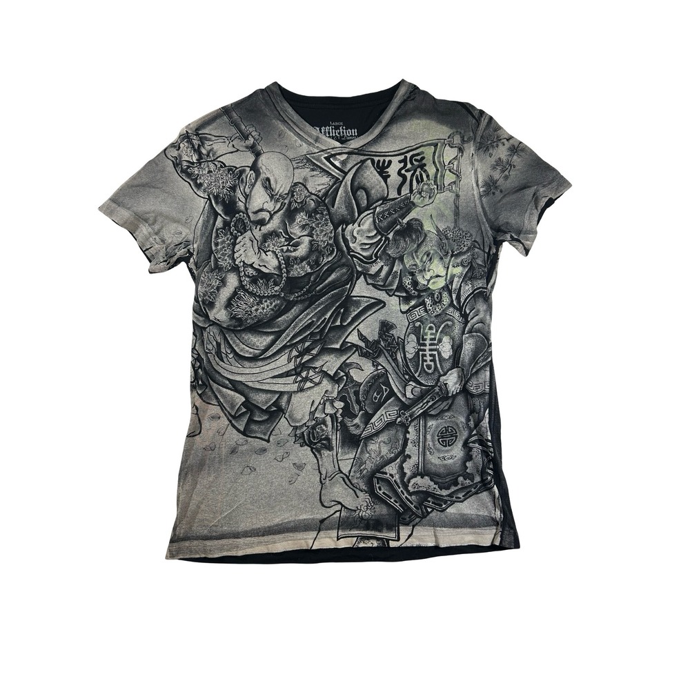 Affliction Horiyoshi III Heroes & Demons V-Neck T-Shirt Grey Black Large